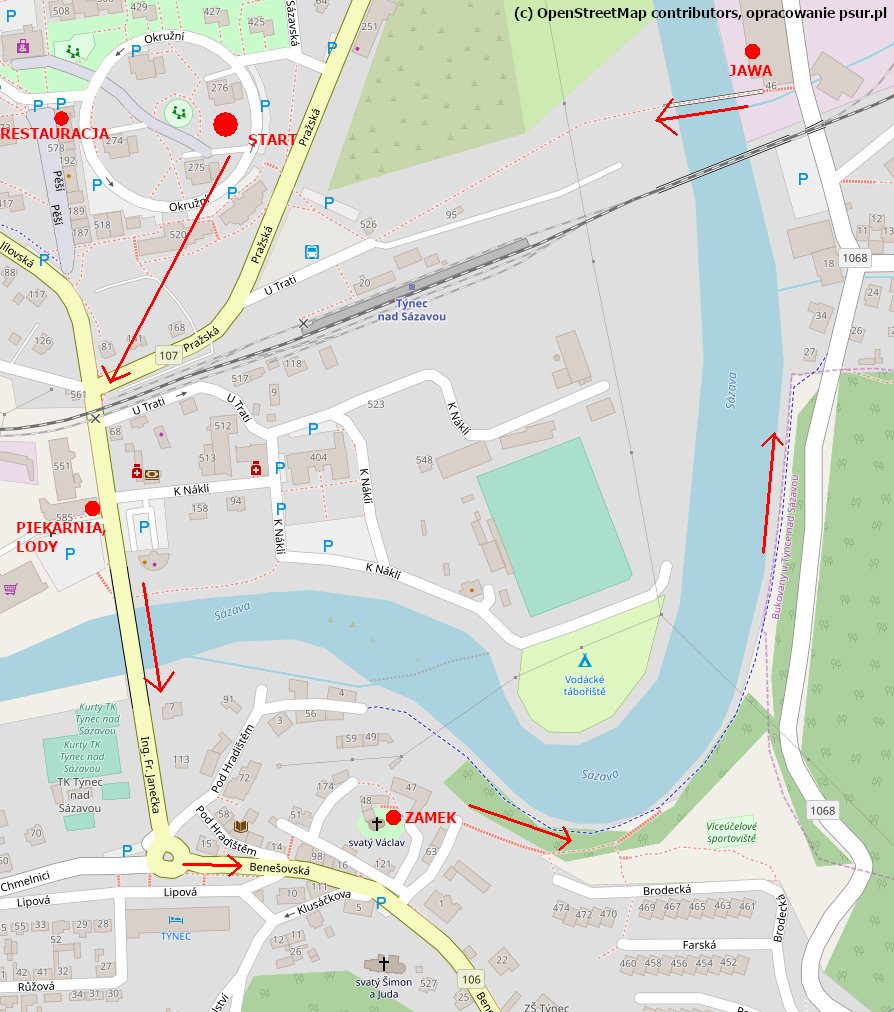 Mapa Tynca z naniesioną proponowaną trasą wycieczki