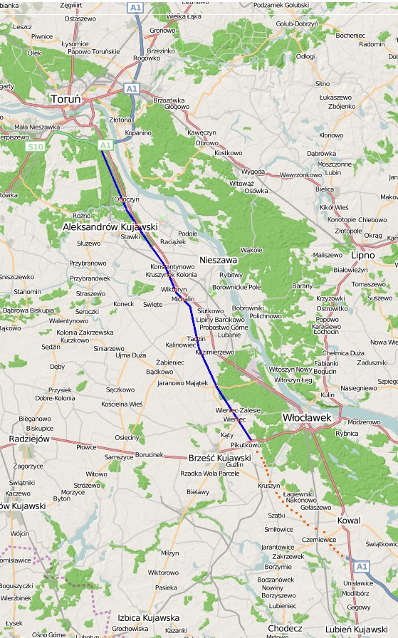 Mapa nowego odcinka autostrady A1 Toruń - Włocławek