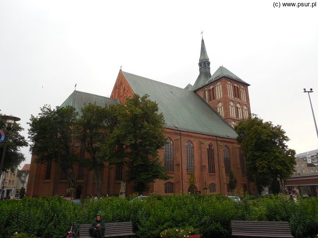 Ceglany, gotycki kościół, otoczony zielenią