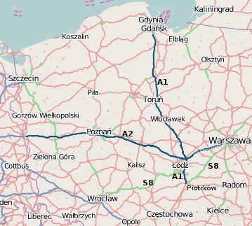 Aktualny stan autostrady A2 - mapka