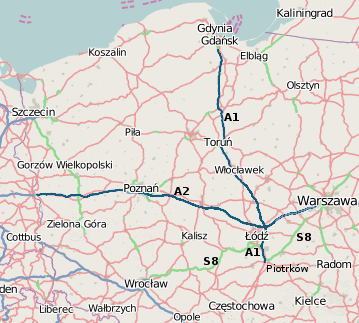 Aktualny stan autostrady A1 - mapka