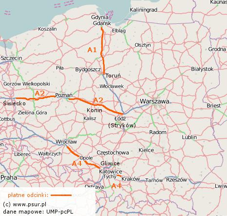 Mapa płatnych autostrad w Polsce